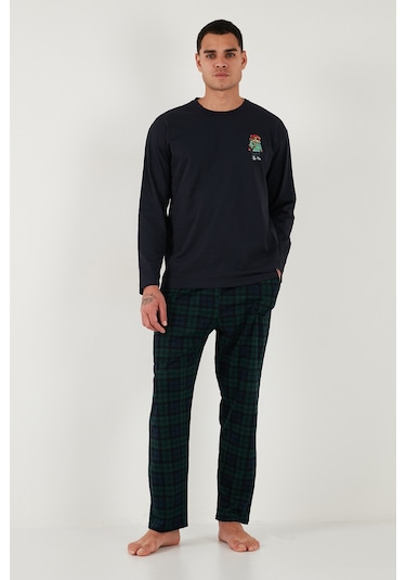 Buratti Ekoseli Regular Fit Yüksek Bel Cepli Bisiklet Yaka Erkek Pijama Takımı 6574002 Lacivert