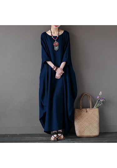 Toridas Keten Rahat Baharlık Salaş Panço Kadın Elbise Ln1040lacivert 001