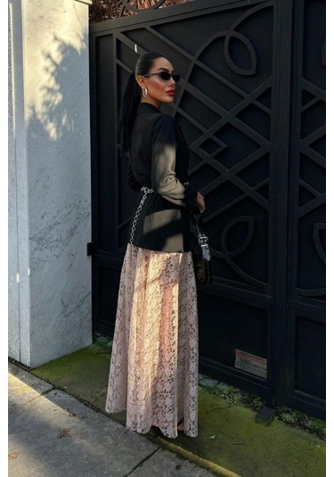 Crimson Grace Kadın Vizon Dantel Maxi Etek Şık Yazlık Tasarım Vizon