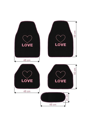 Kalp Ve Aşk Desenli Pembe Nakışlı 5'li Oto Halı Paspas Seti Love Yazı Detaylı Araba Paspas Takımı