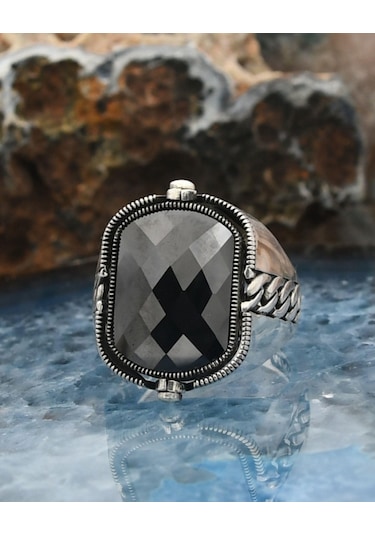 Prestij Gümüş Hz. Süleyman Mührü Ve Zirkon Siyah Taşlı Çift Tarafli 925 Ayar Gümüş Erkek Yüzüğü