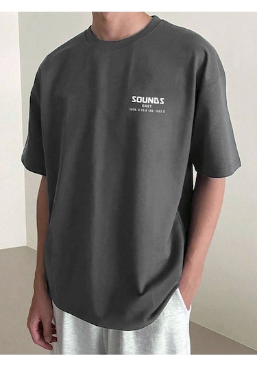 Erkek Füme Oversize Sea Son Baskılı Örme T-shirt Füme