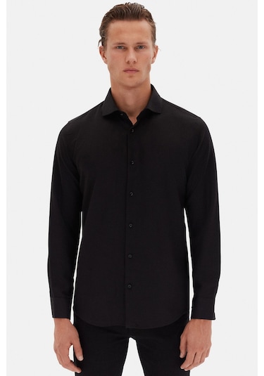 D'S Damat Slim Fit İtalyan Yaka Armürlü Uzun Kollu Kolay Ütülenebilir Nefes Alan Dört Mevsim Erkek Gömlek 2HF02ORT3185 Siyah
