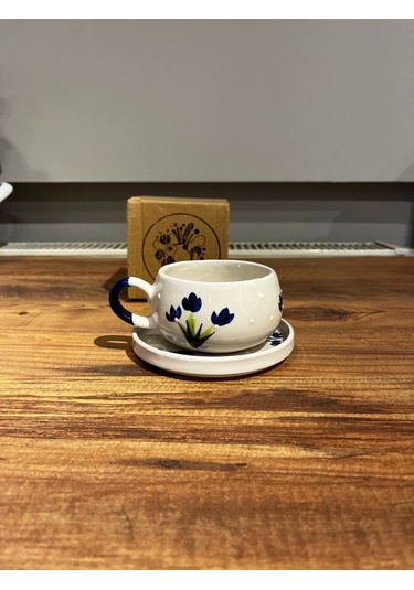 Mavi Çiçek Desenli Seramik Kupa, Mug, Double Türk Kahvesi Filtre