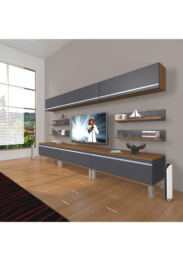 Decoraktiv Eko 8y Mdf Krom Ayaklı Tv Ünitesi Tv Sehpası Ceviz - Antrasit