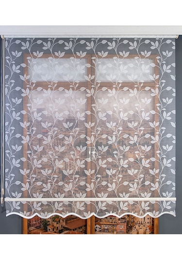 Çift Mekanizmalı Yaprak Desenli Tül Stor Perde Beyaz