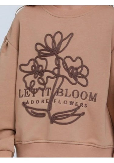 Kız Çocuk Çiçek Nakışlı Sweatshirt-14248 Kahverengi
