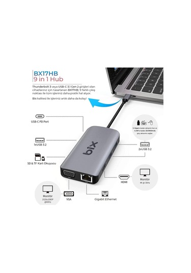 Bix Bx17Hb Type-C To Gigabit Ethernet Hdmı Pd Usb 3.2 Micro Sd/Sd
