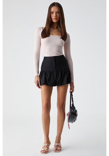 GRIMELANGE Youpes Kadın Regular Fit Fermuarlı Yüksek Bel Astarlı Kısa Siyah Etek Siyah