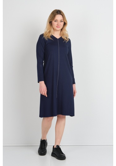 Sistas Kadın V Yaka Parlak Şerit Detaylı Uzun Kollu Çift Cepli Elbise 24442 Lacivert Lacivert