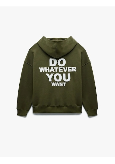 Koton Şardonlu Baskılı Fermuarlı Kapüşonlu Kadın Oversize Sweatshirt 6wal10142ık Haki