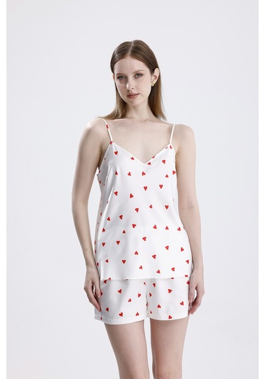 Laperissa Kadın Kalp Desenli Saten İp Askılı Şort Takım Çok Renkli
