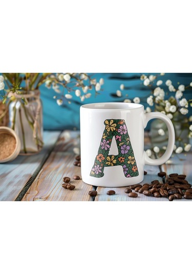 A Baş Harf Çiçek Desenleri İle Natural Tarz Kupa Bardak - Kişiye Özel Çiçekli Kahve Çay Bardak - Beyaz
