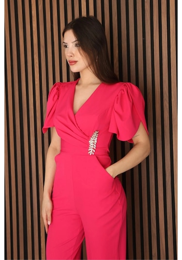 Pile Ve Taş Detaylı V Yaka Tulum 2190-fuşya Fuşya