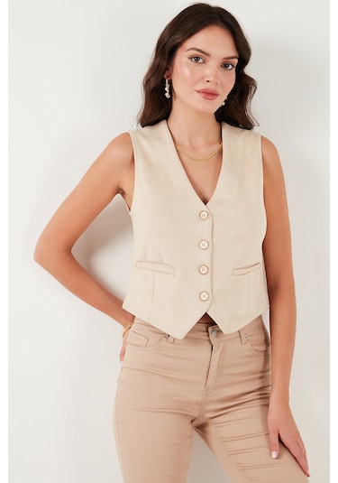 Lela Fitted Scuba Süet V Yaka Düğmeli Bayan Yelek 5865576 Taş