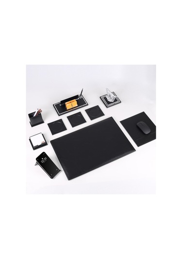 Opta 10 Parça Kurt Biblolu Siyah Deri Sümen Seti Takımı Gümüş Kalem Ofis Masa İsimliği Lüks İsimlik