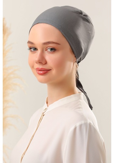 Kadın Tesettür Dikişli Set Bone Koyu Gri 10 Adet Bağlamalı Penye Bone Koyu Gri