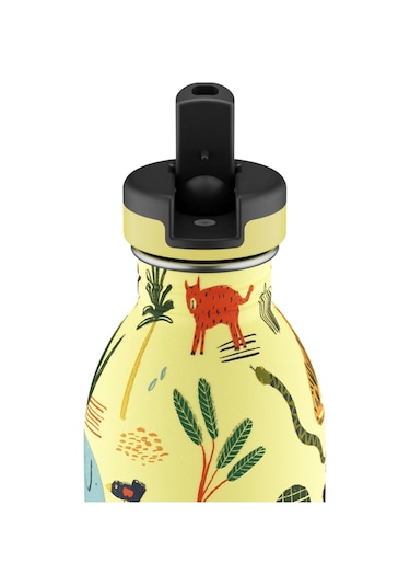 Kids Bottle Jungle Friends Pipetli Paslanmaz Çelik Çocuk Su Matarası 500 Ml Sarı