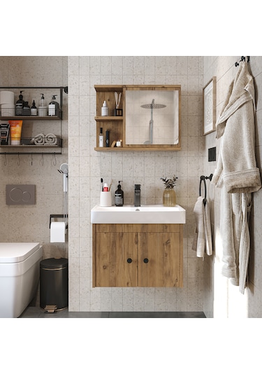 Lavabolu Mat Suntalam 60 Cm Banyo Dolabı + Aynalı Üst Dolabı Atlantik Çam