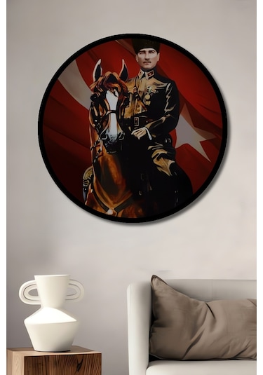 Mustafa Kemal Atatürk At Üzerinde Yağlı Boya Görünümlü Ahşap Dekoratif Tablo Yuvarlak Duvar Tablosu Uynkfrk70454