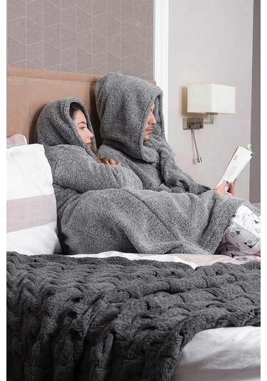 Uzun Kapüşonlu Welsoft Sabahlık Aile Seti-Gri