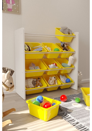 12 Sepetli Çok Amaçlı Oyuncak Dolabı Montessori Dolap Sarı