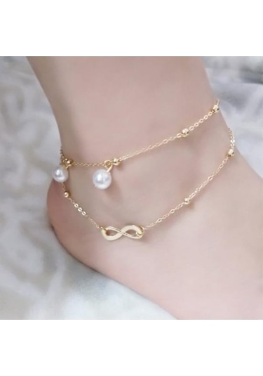 Altın Boho Plaj Sandalet Yalınayak Infinit-y Charm Boncuklu Ayak Bileği Bileklik 2 Katmanlı Halhal Altın Altın