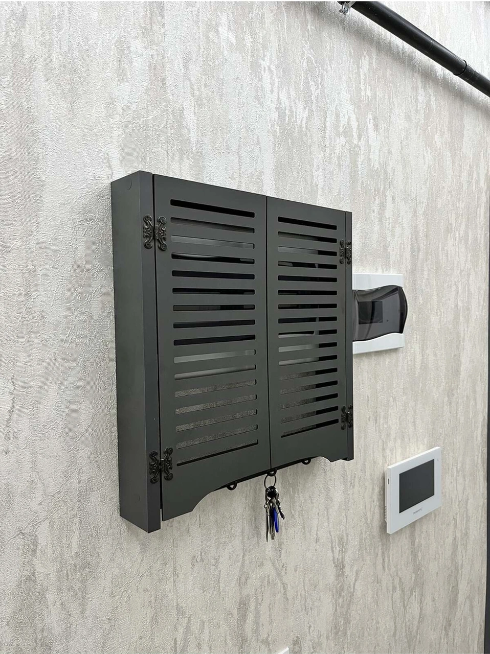 Elektrik Pano Düzenleyici Duvar Düzenleyici Ahşap Dekoratif Antrasit Kutu Anahtarlık Düz Çizgi 41 X 41