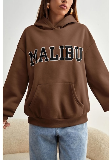 Malıbu Baskılı Oversize Sweatshirt Kahverengi