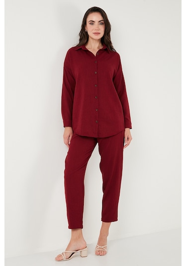 Lela Keten Karışımlı Regular Fit Lastikli Bel Uzun Kollu Alt Üst Bayan Takım 6696622 Bordo