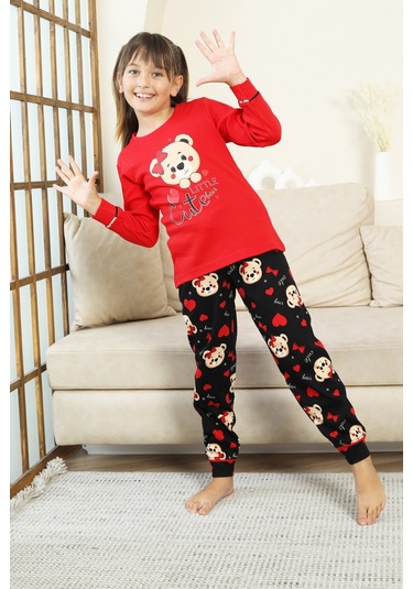 Kız Çocuk Ayıcık Baskılı %100 Pamuk İnterlok Kumaş Pijama Takımı 12347 Nar Cıcegı