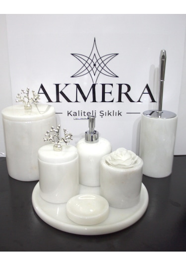 Beyaz Mermer Gümüş Mercan Detaylı 7 Parça Banyo Seti Beyaz