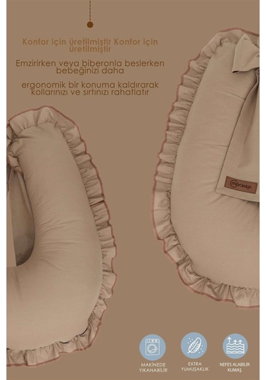 Mordesign Fırfırlı Emzirme Yastığı, Bebek Destek Minderi, Hamile Yastığı, Pamuk Kumaş, Ruffle Seri, Kapiçino Zg10196