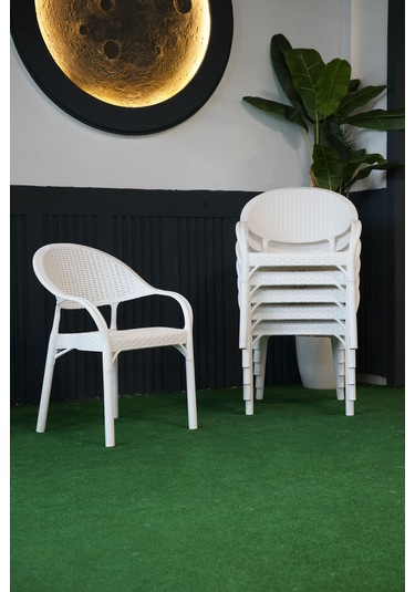 Alezy Bambu Rattan Kollu Koltuk 6 Adet Beyaz