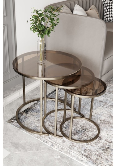 Dekoport Milas C Zigon Sehpa Prinç Eskitme Rengi Bronz Cam Eskitme