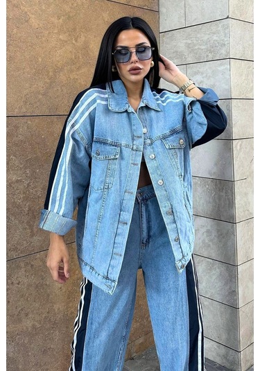 Kadın Siyah Kot Garnili Yanı Şeritli Palazzo Alt Üst Takım Çok Renkli