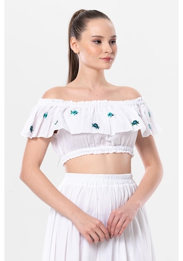 Lavinya Vual Lastik Detaylı Nakışlı Yazlık Crop Bluz Beyaz Byz-beyaz Beyaz