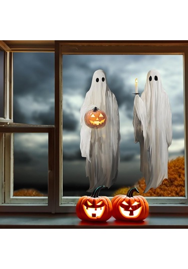 Gajeena Halloween Penceresi Dekorasyon Seti: Büyük Boy Beyaz Hayalet Kabak Işıklı Çift Taraflı Pvc Pencere Sticker - Tekrarlı Kullanımlı Ev Dekoru Beyaz