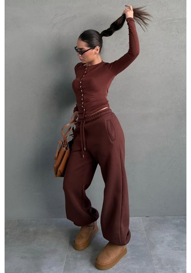 Acı Kahve Geniş Paça Rahat Kalıp Lastikli Eşofman Altı Mg2581 Acı Kahverengi