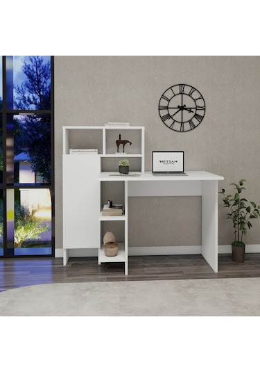 Arnetti Buğra Dolaplı Raflı Çalışma Bilgisayar Masası Beyaz