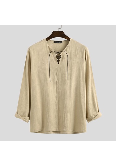 Incerun %100 Pamuk Erkek Uzun Kollu Bağcıklı Gömlek Vintage Düz Renk Rahat Gömlek Üstleri S-xxxxxl Haki