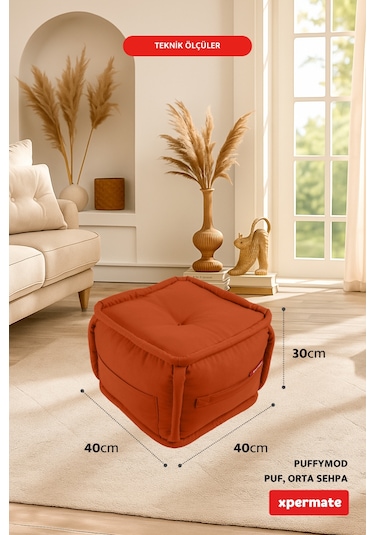 Xpermate Puffymod Dekoratif Kare Puf Orta Sehpa 40x40 Cm Kiremit