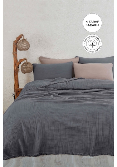 %100 Pamuk Çift Kişilik Müslin Yatak Örtüsü 4 Katlı Yumuşak Battaniye Müslin Pike Takımı 3 Parça Antrasit Koyu Gri