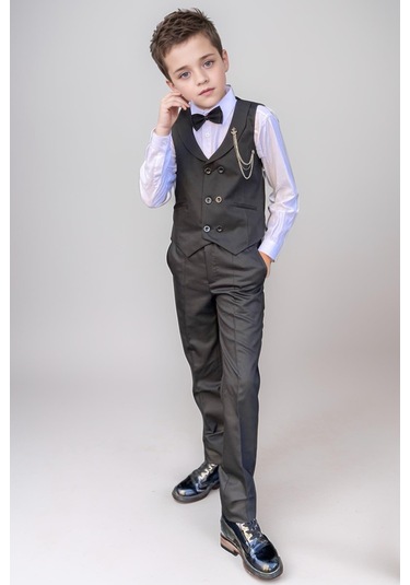 Riccotarz Erkek Çocuk Cepken Yelekli Şal Yaka Siyah Takım Elbise 10-16 Yaş Siyah