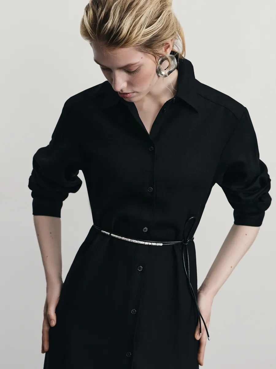 Zarına Günlük Temel Keten Gömlek Elbisesi 371892379 Siyah