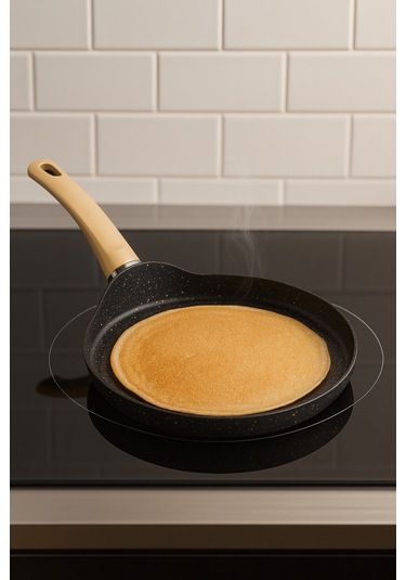 Siyah Granit Krep Tavası 24 Cm Yanmaz Yapışmaz Yüzeyli, Ergonomik Saplı Döküm Krep Tava Gri