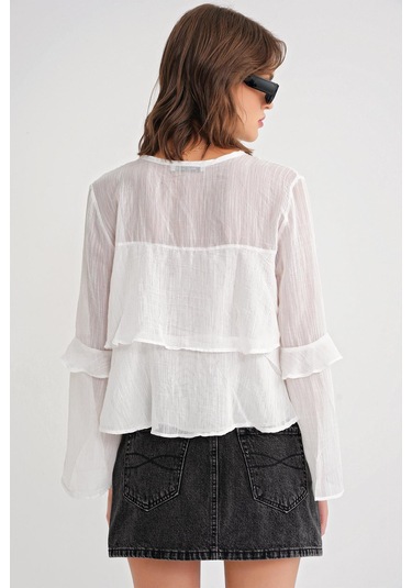 4735 Kadın Uzun Kollu Fırfırlı Bağlamalı Bluz Beyaz Beyaz