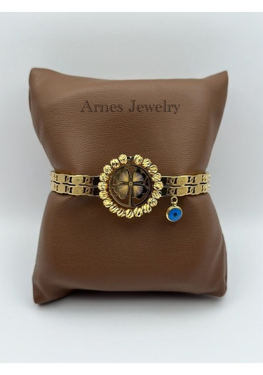 Arnes Jewelry Çelik Dorikalı Yoncalı Kelepçe Bileklik Ar80 Gold