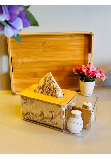 Bambu Kapaklı Plastik Peçetelik Ve Organizer, 25 X 12 X 10 Cm