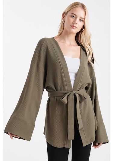 Armonika Kadın Haki Kemerli Triko Kimono Arm-26k001011